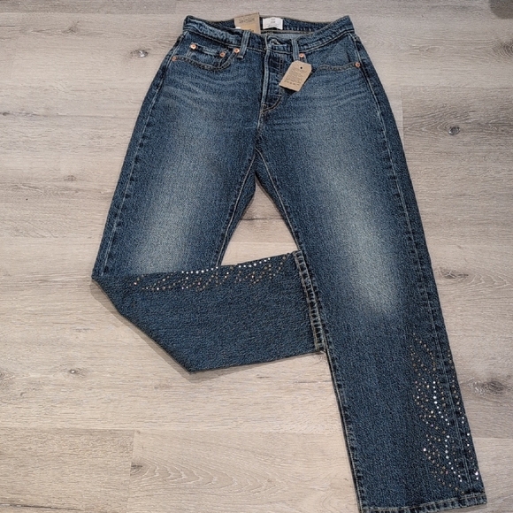 Levi's Denim - New Levi's 501 Dark Blue Straight-Leg Jeans with Rhinestone Detail